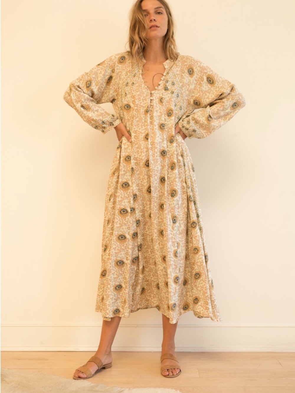 Natalie Martin Fiore Maxi Dress - Beige Floral Button-Front Peasant Cottagecore